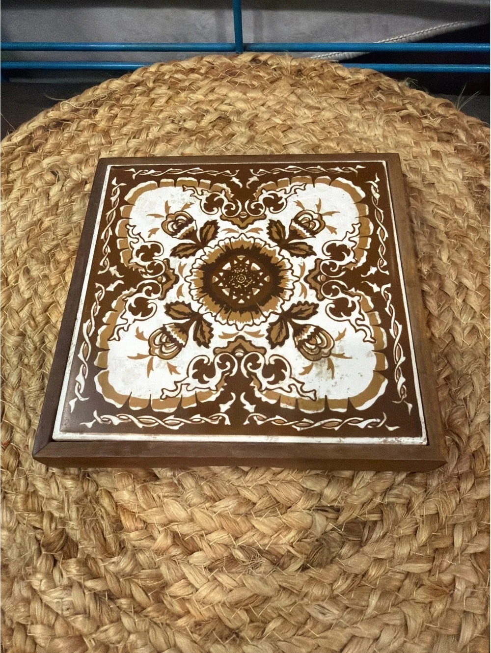 Vintage Decorative Wooden Tile with Floral Pattern